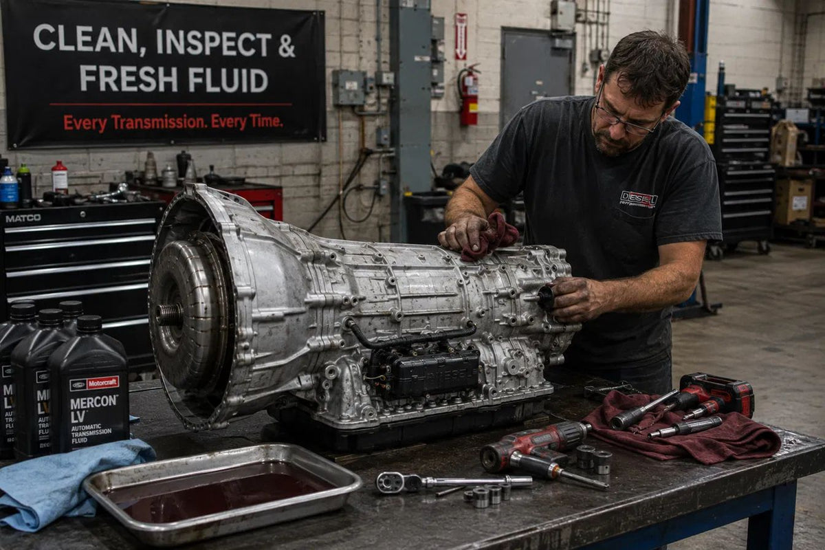 Technician pressure washing an engine, with before and after comparisons of the intake manifold, valve cover and engine block