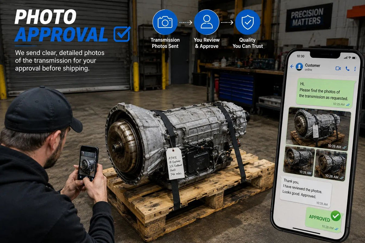 Technician photographing an transmission, with the photos sent to a customer by message and approved before shipping