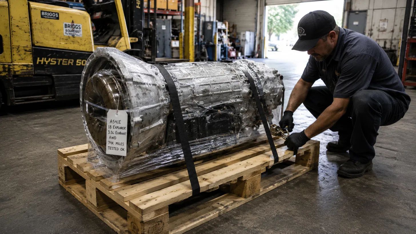 Engine strapped to a hardwood pallet with handling labels, ready for insured freight