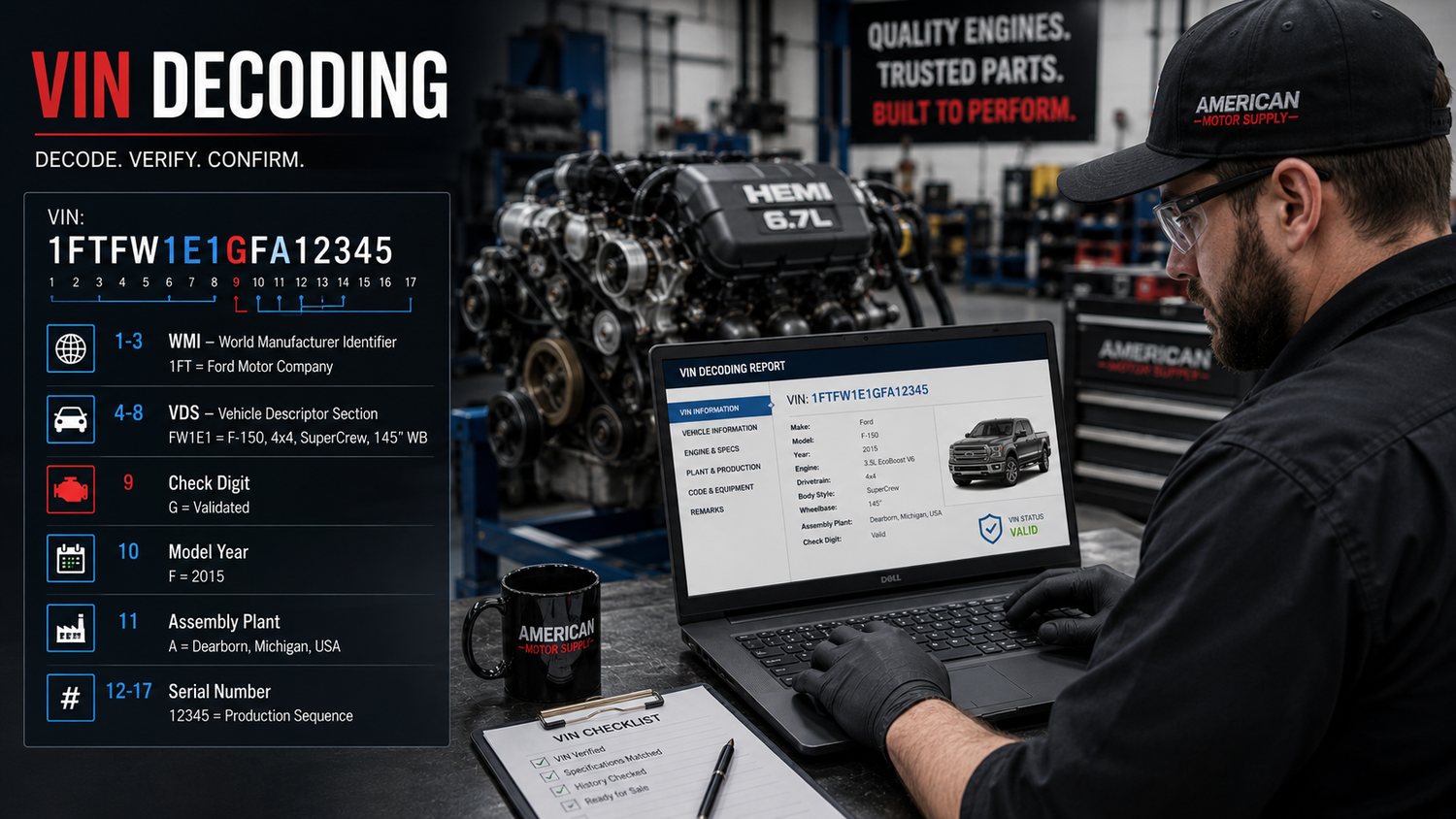 VIN decoding report showing each section of a 17-digit VIN verified by a technician