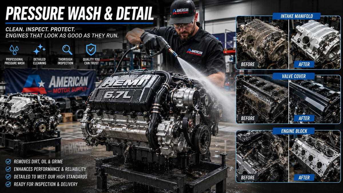 Technician pressure washing an engine, with before and after comparisons of the intake manifold, valve cover and engine block