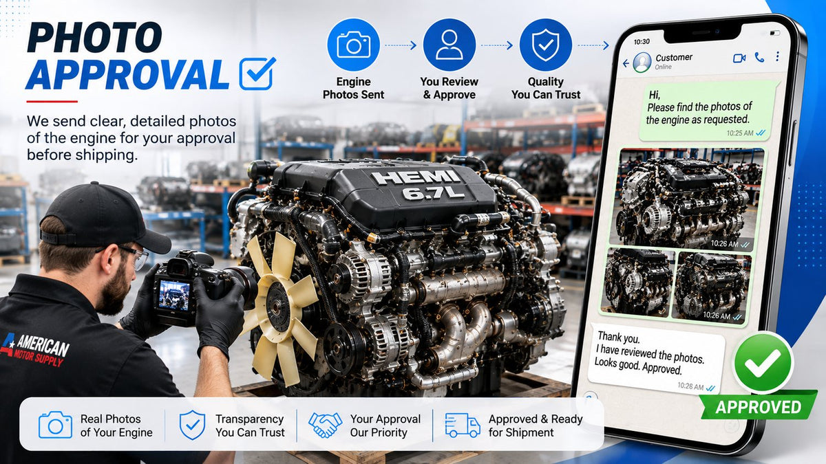 Technician photographing an engine, with the photos sent to a customer by message and approved before shipping